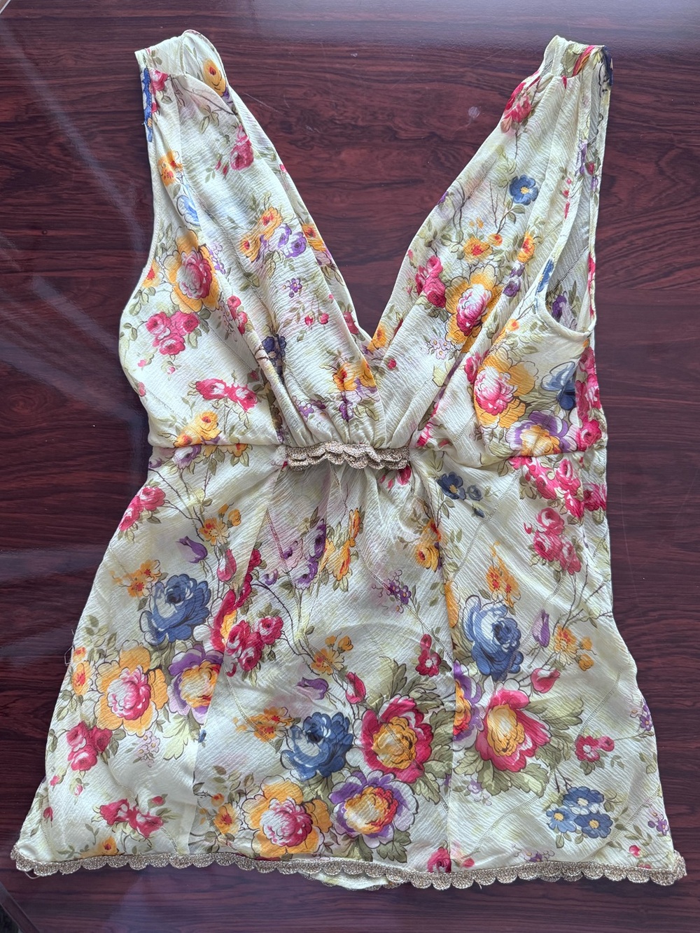 Silk Floral V-Neck Sleeveless Top - Cream with Multicolor Flowers and Gold Trim